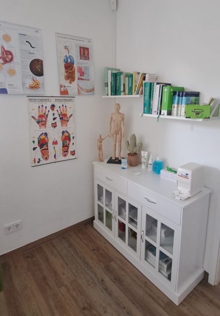 Medizinische Wandbilder, neben einem Bücherregal und einem halbhohen Vitrinen-Sideboard