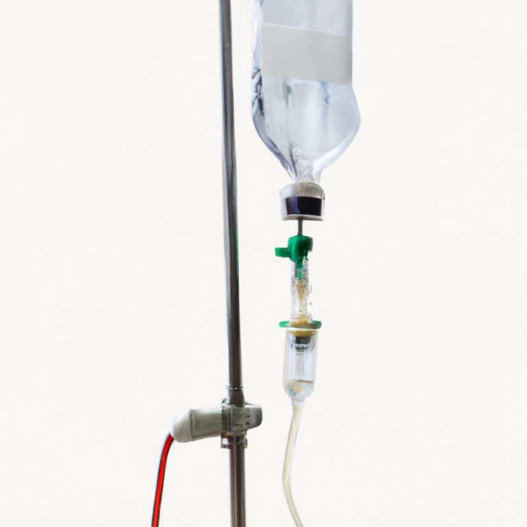 Eine medizinische Infusionsflasche hängt an einem Tragegestell